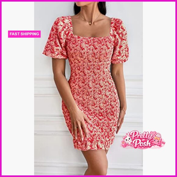 Floral Puff Sleeve Mini Dress Square Neck Ruffle Hem Bodycon - Picture 2 of 7